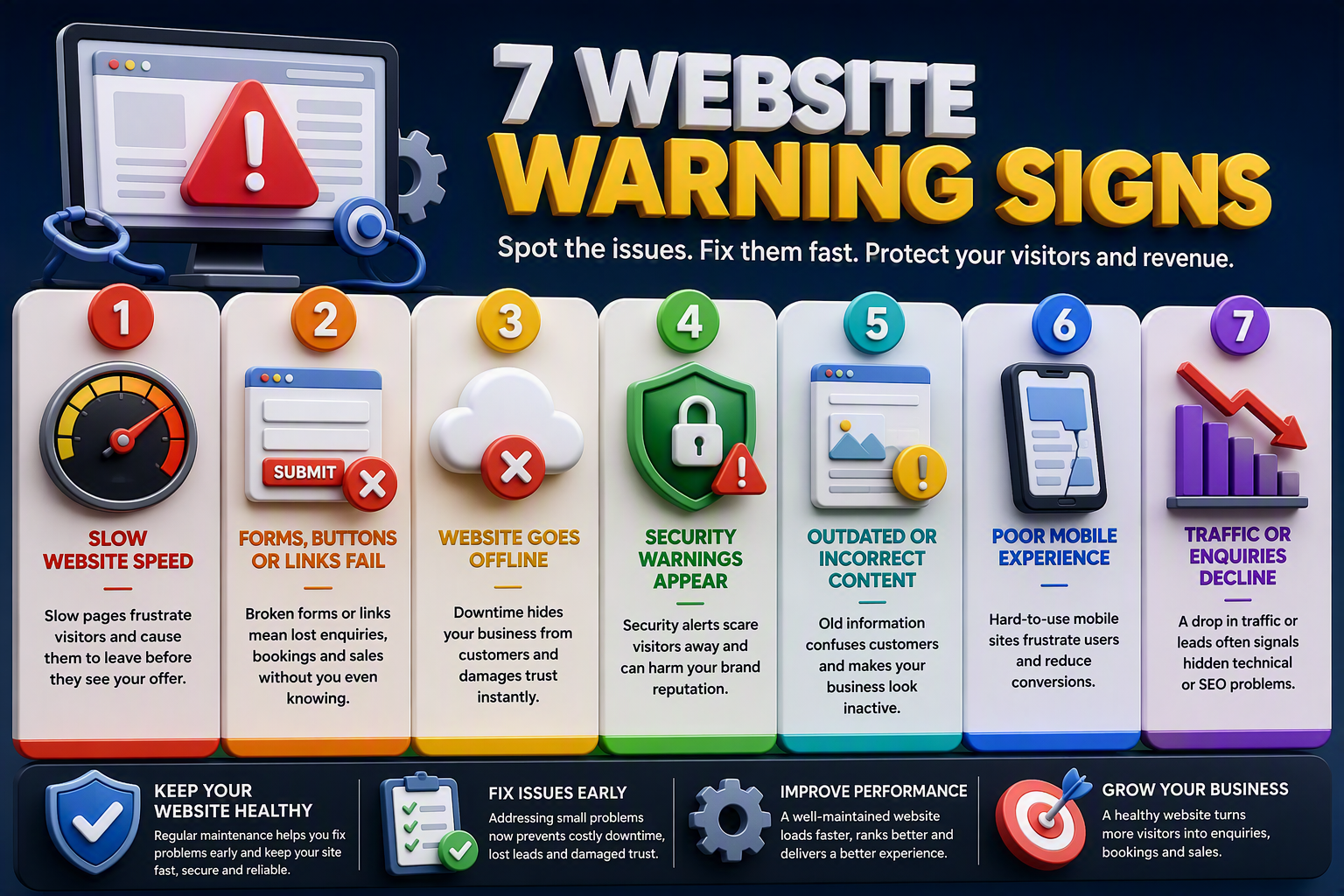 3D infographic showing seven website warning signs: slow speed, failed forms, downtime, security warnings, outdated content, poor mobile experience and declining traffic.