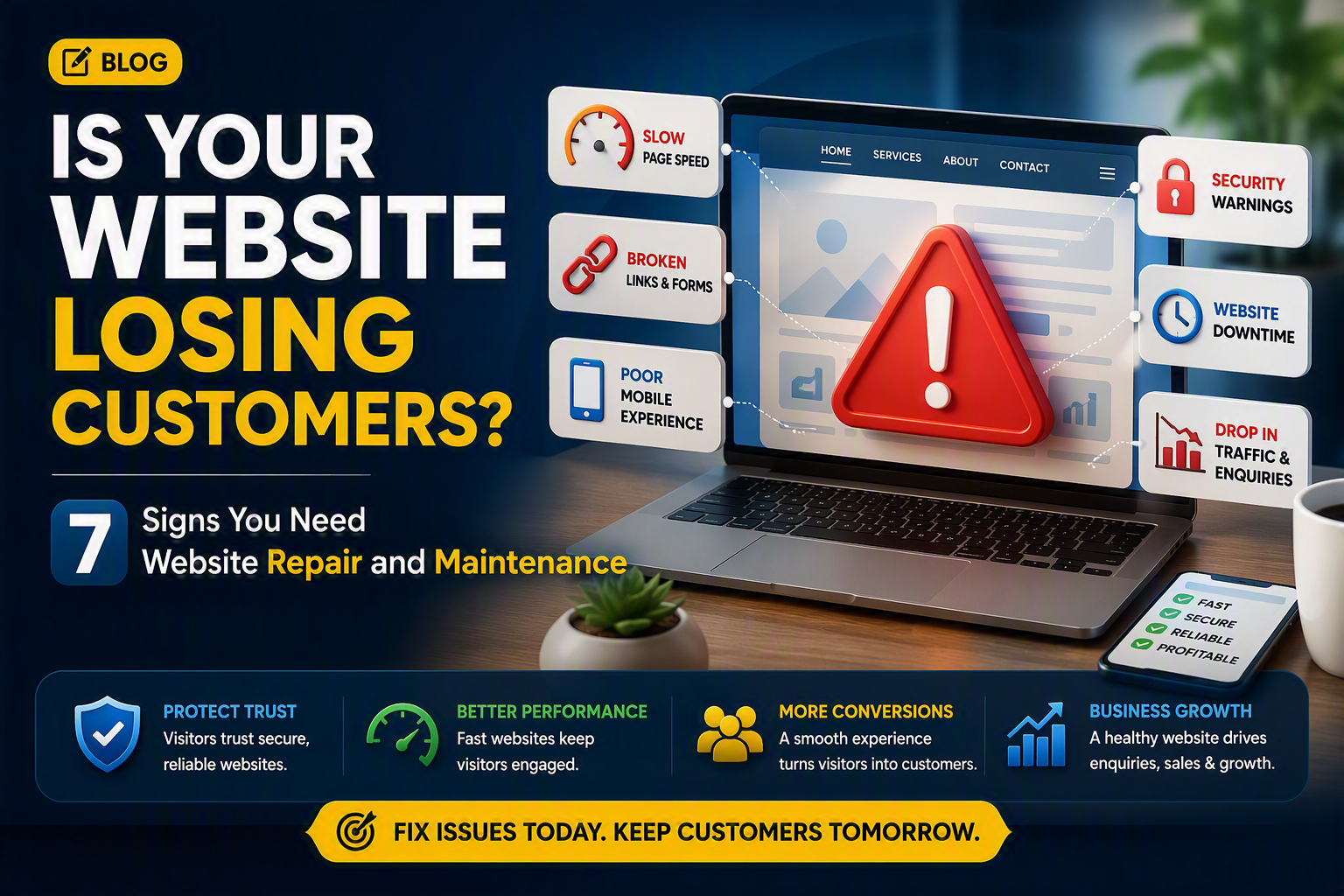Blog banner showing seven website warning signs, including slow speed, broken links and forms, security warnings, downtime, poor mobile experience and declining traffic.