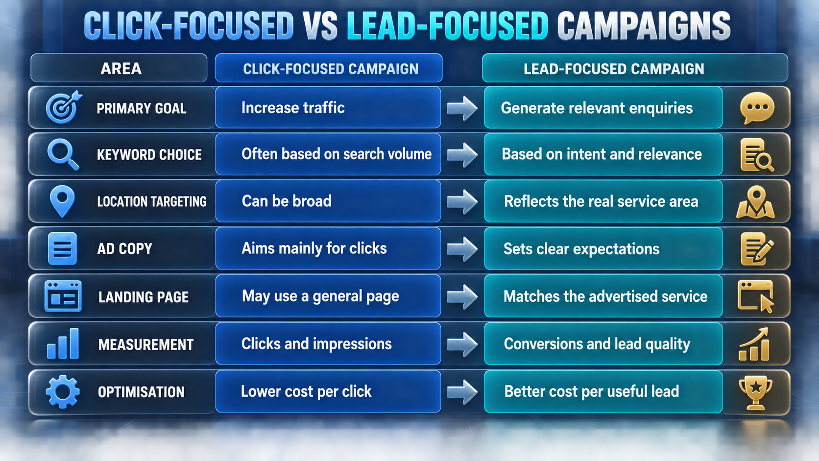 Click-focused versus qualified-lead-focused Google Ads campaigns for Rockhampton businesses.
