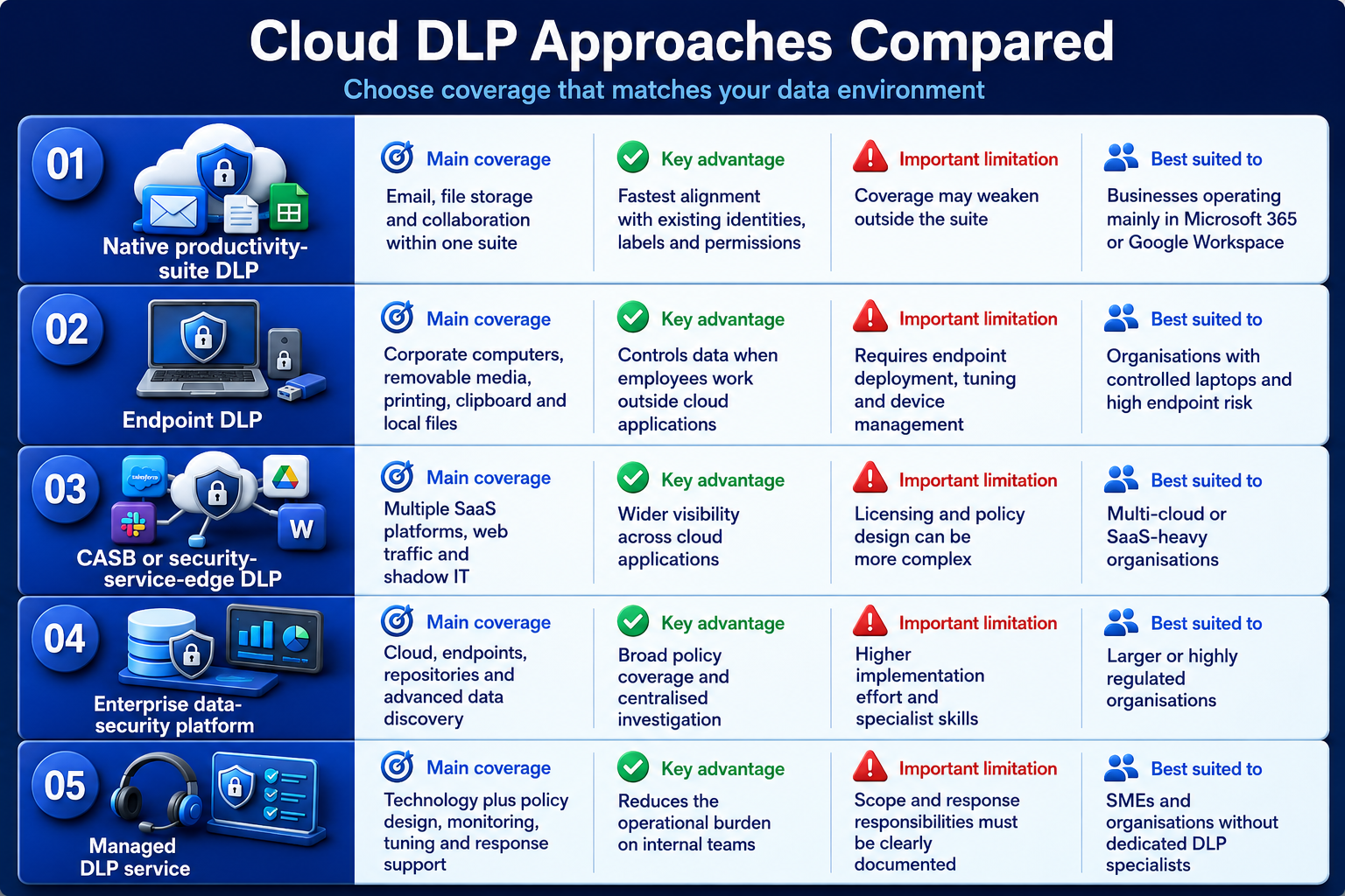 Comparison of five cloud DLP approaches