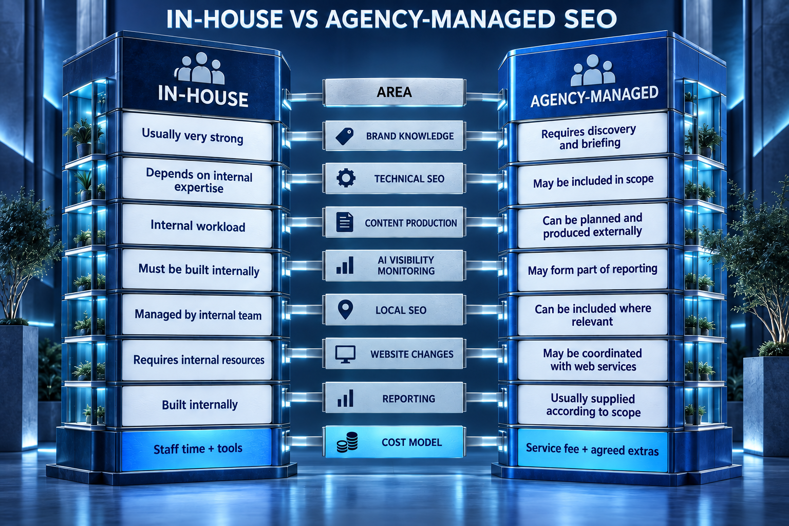 Comparison of in-house and agency-managed AI search optimisation for Melbourne businesses.