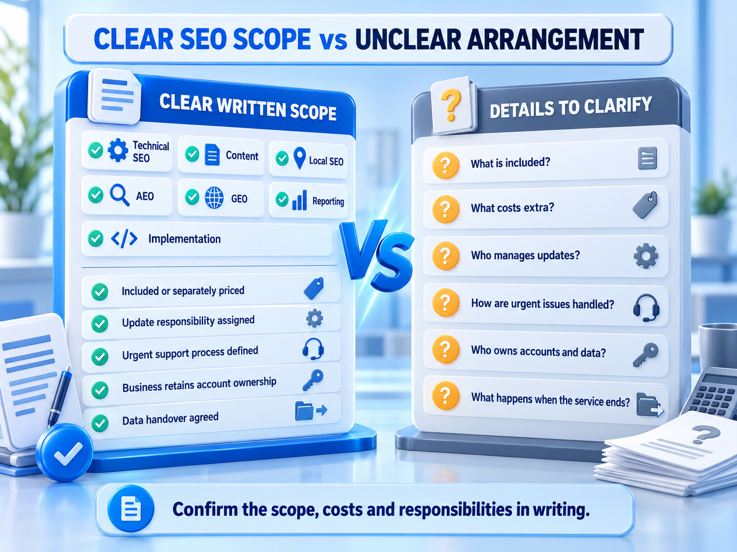 Clear SEO service scope and provider questions comparison