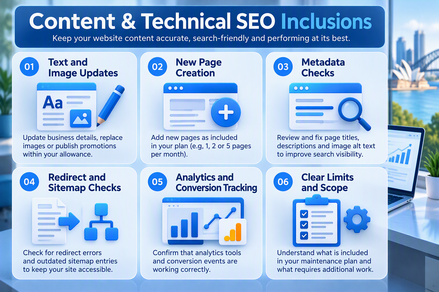 Content and technical SEO inclusionsSome maintenance packages include content and technical SEO work. These inclusions should have clear limits because a small text update differs greatly from creating a new landing page. The IT Company Australia service page currently lists different monthly allowances for new pages, updates, promotions and images across its package levels. Text and image updates A content allowance may cover changing business details, replacing images or publishing a promotion. The number of requests or included support hours should appear in the agreement. Businesses should confirm the expected turnaround time. Copywriting, photography and custom graphic design may not form part of basic maintenance. New page creation Some packages include a limited number of new pages each month. The scope should explain whether the allowance includes page design, writing, images and search metadata. IT Company Australia currently lists one new page per month in Standard, two in Business and five in Premium. These published package allowances should be confirmed when requesting a current quote. Metadata checks Technical SEO maintenance may identify missing page titles, descriptions or image alt text. It may also check whether important pages can be accessed by search engines. This work supports the technical health of a website, but it does not replace a complete SEO campaign. Keyword research, content planning and authority development belong under a separate SEO services strategy. Redirect and sitemap checks Redirects help visitors and search engines reach the correct page after a URL changes. A maintenance plan may review redirect chains, redirect errors and outdated sitemap entries. The agreement should explain whether the provider implements repairs. Large migrations usually require a separate technical SEO or development scope. Analytics and conversion tracking Analytics maintenance checks whether website measurement tools continue to record activity. Updates to a theme, plugin or consent tool can sometimes affect tracking. The provider should identify which analytics and conversion events receive testing. IT Company Australia includes Google Analytics and search integration within its published maintenance package table.