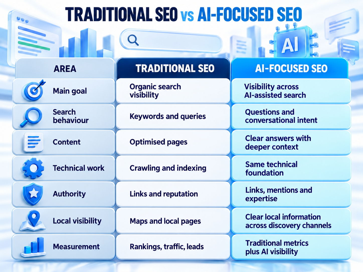 Traditional SEO and AI-focused SEO comparison