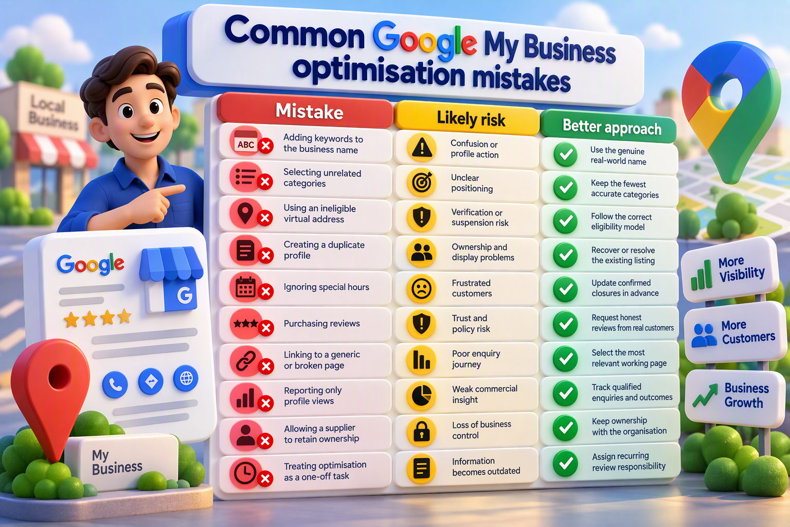 3D infographic showing common Google My Business optimisation mistakes, associated risks, and recommended best practices, featuring a Google Business Profile listing, map pin icons, and a colour-coded comparison layout.